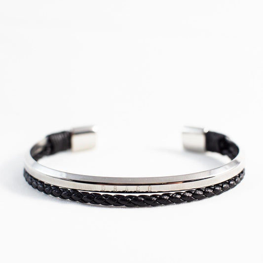 bratara barbati din piele impletita si inox stil bangle